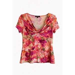 Karen Kane Floral Wrap Front Top Size L Orange Pink Stretch Short Sleeve